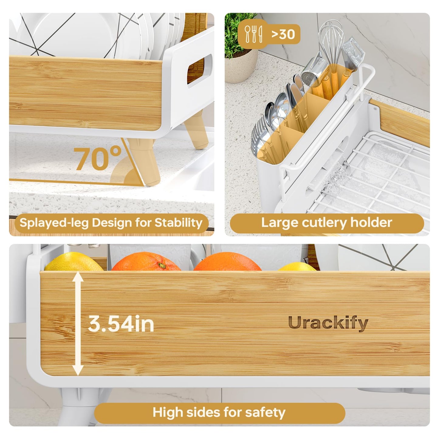 Urackify Dish Drying Rack for Kitchen Counter - Stainless Steel & Bamboo Dish Rack with Large Removable Utensil Holder, Dish Drainer with Adjustable Automatic Spout, White