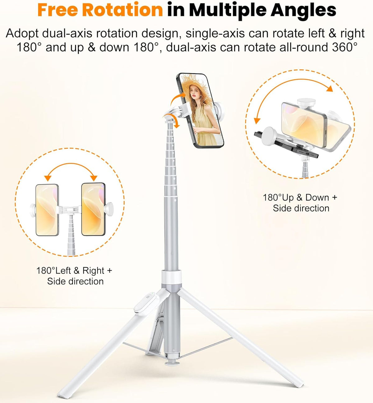 TONEOF 66" Automatic Phone Tripod with Magnetic Rechargable Remote,Selfie Stick 360° Vertical & Horizontal Rotatable,Stable for iPhone/Android((White)