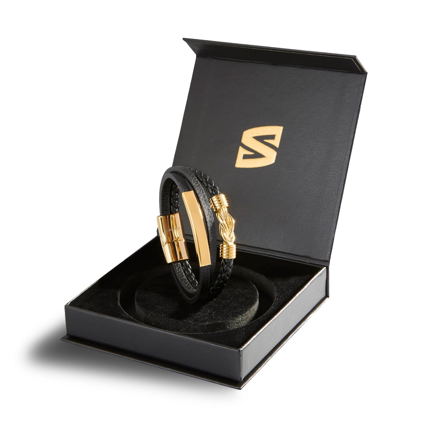 SERASAR Men's Gold Bracelet 17cm Leather Or Gift Box Braided Cowhide Adjustable Magnetic Clasp Multi Layer Wrap Jewelry Rope Male Men Magnet