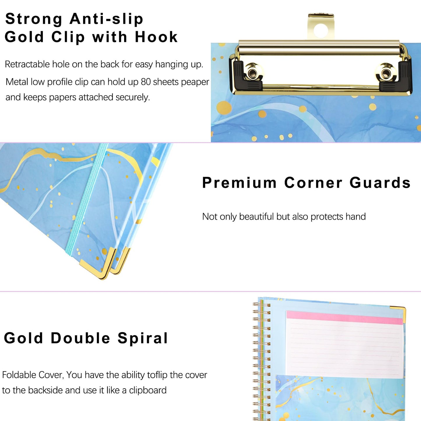 Foldable Spiral Clipboard Folio with Refillable Lined Notepad,5 Plastic Folders with 10 Pockets,Storage Clipboard Folder with Labels,Clipboards with Storage for Office Planner Clip Board-Pale Blue