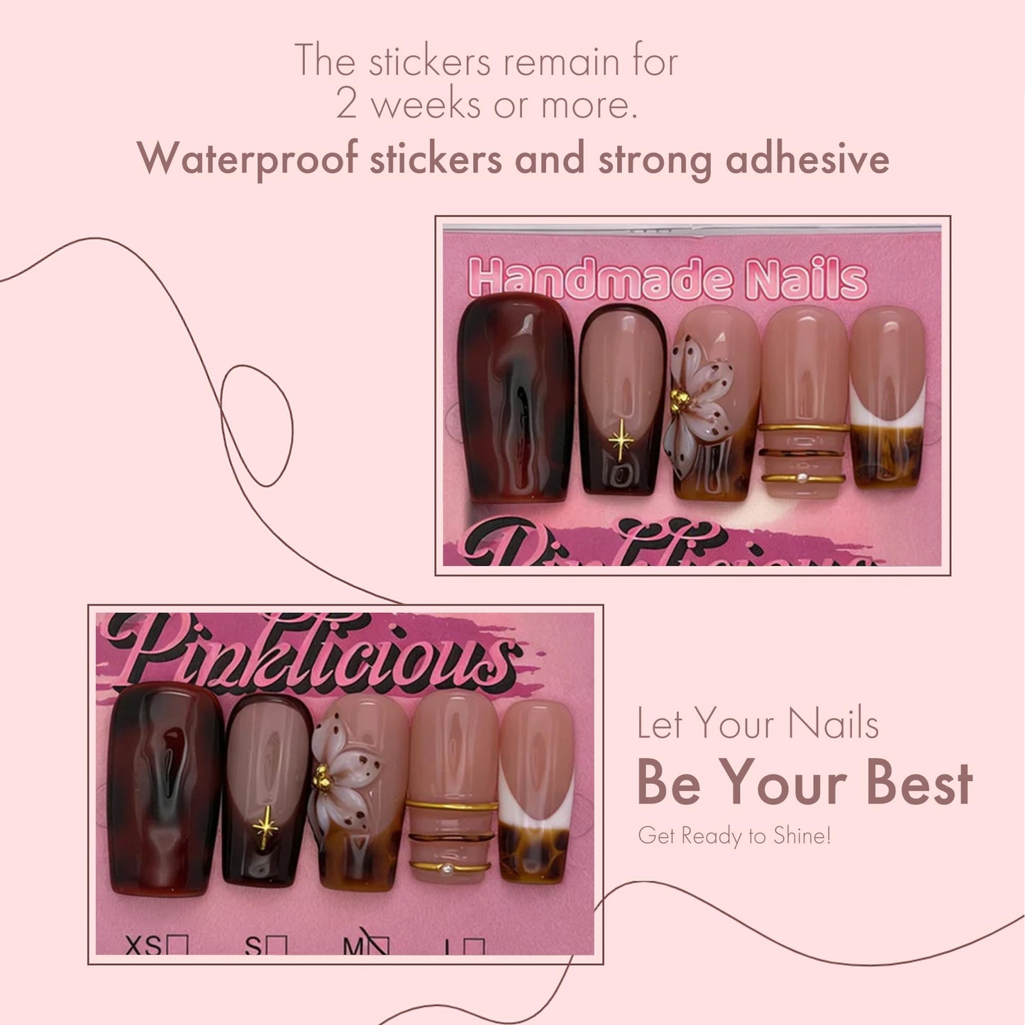 Press On Nails 10-Pack | 25mm Acrylic/UV Gel Nails | Tortoiseshell & Nude Design with Gold Accents | Reusable False Nails for Daily & Special Occasions (amber, S)