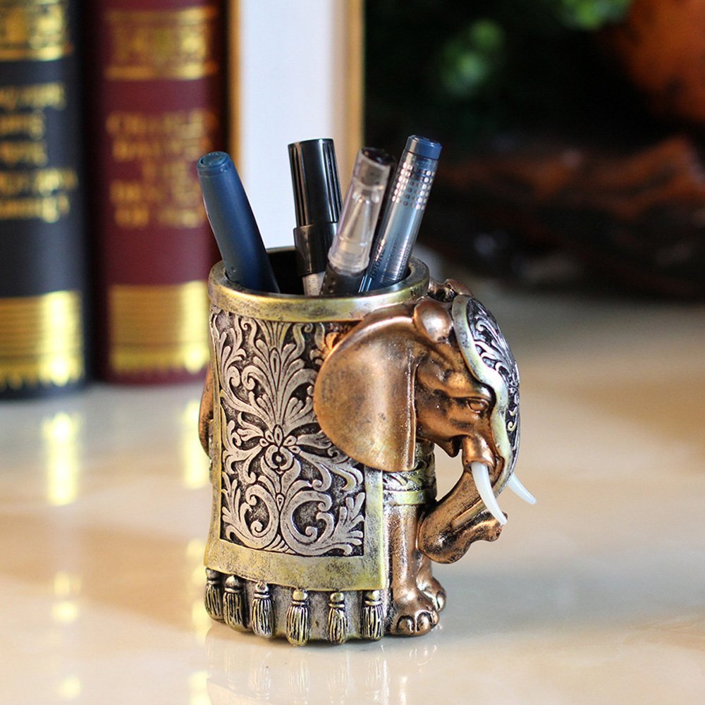 ornerx Resin Pencil Holder 4.5" Desk Organizer Vintage Lucky Elephant Head