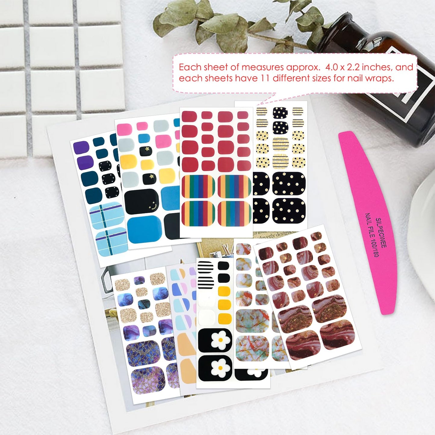 SILPECWEE 40 Sheets Toe Nail Stickers Full Nail Wraps for Women Solid Color Flower Toenail Polish Strips Nail Polish Stickers Self Adhesive Manicure Stickers for Toes with 1pc Nail File