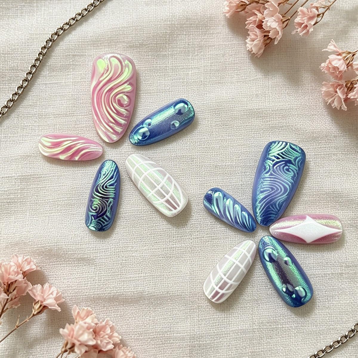 3D Press On Nails Almond Medium Fake Nails with Embossed Square Star Lines Vines Aurora Glitter Designs, Acrylic Artificial Nail Press ons False Stick On Nails for Women Girls 30Pcs