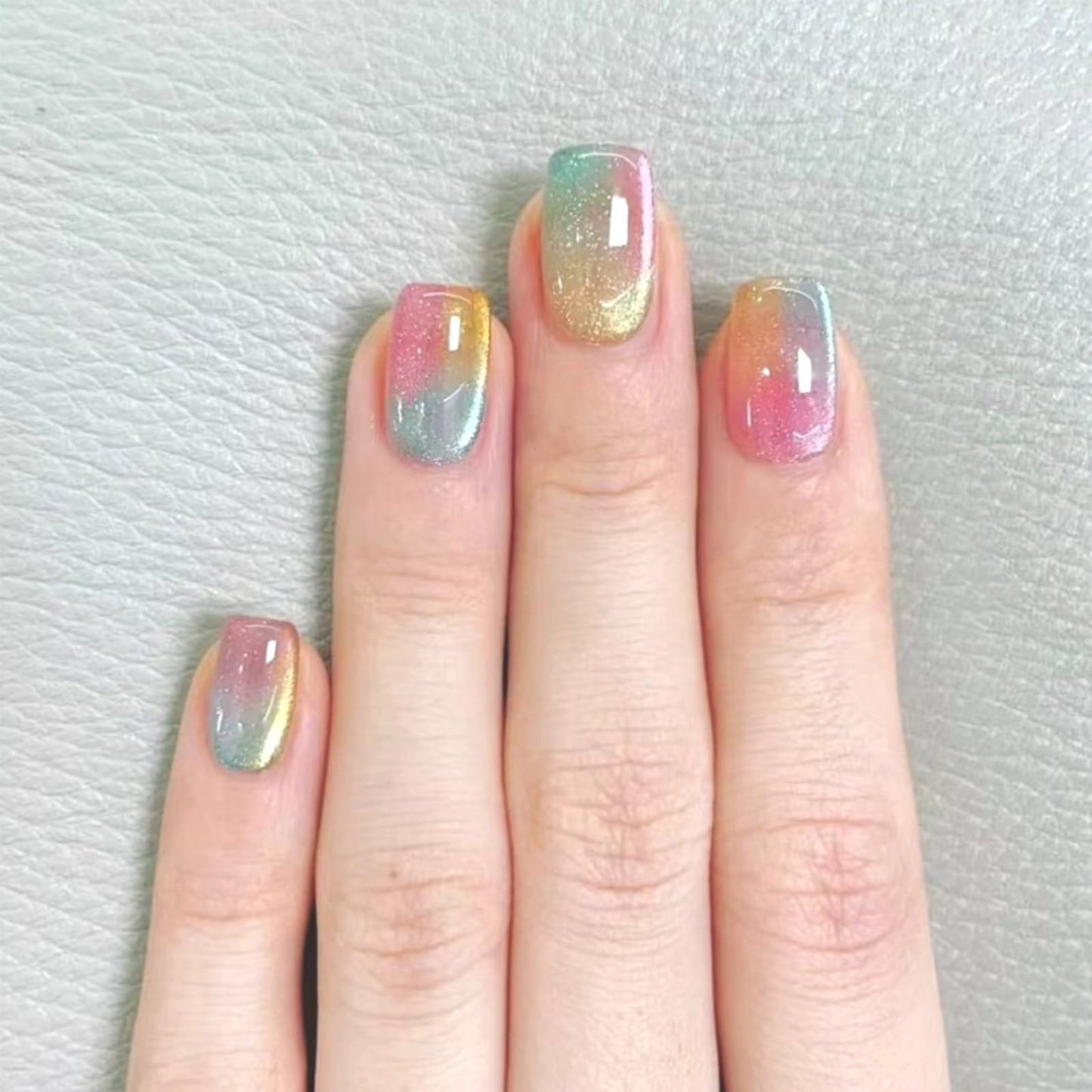 Gradient Colorful Press on Nails Short Square Fake Nails Sparkly Glitter False Nails with Candy Color Designs Glossy Stick on Nail Reusable Artificial Summer Nails for Women Manicure 24Pcs