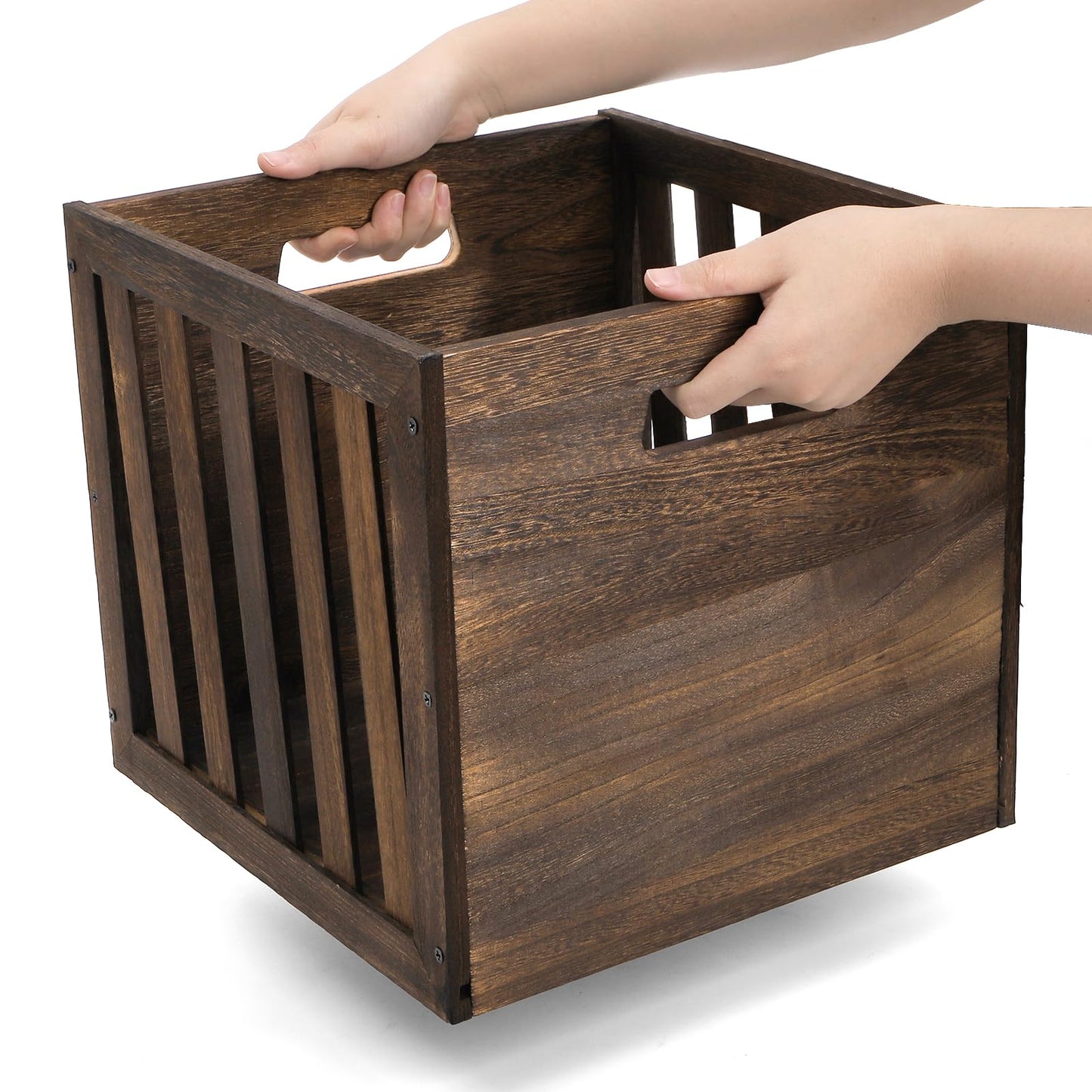 yarlung Wood Storage Bin Cube Wood Crate with Handles, Rustic Brown Decorative Box, Stackable Shelf Basket Books Organizer for Closet, Bookcase, 12"x12"x11", Easy Assembly