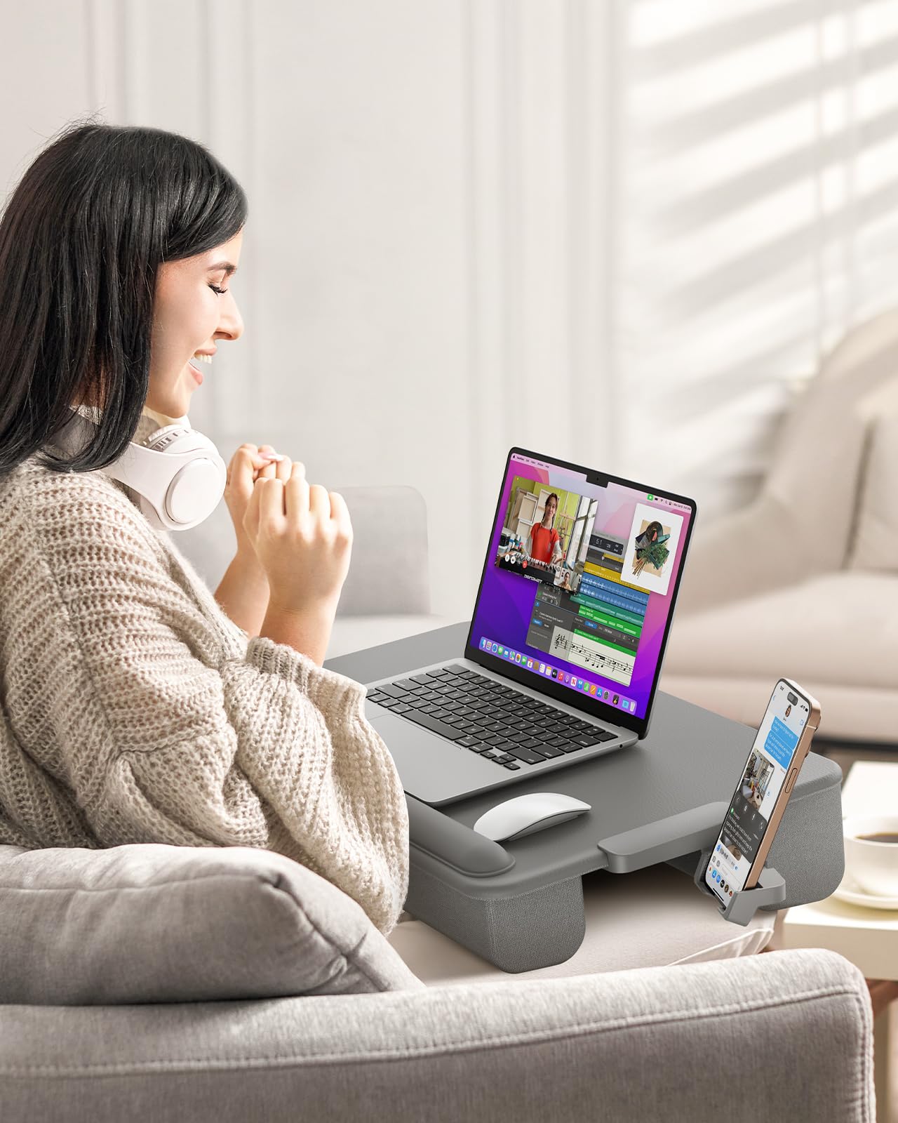 SAIJI Lap Desk with Cushion, Computer Laptop Stand, Lap Laptop Table, Built-in Drawer Storage, Phone Holder, Wrist Pad