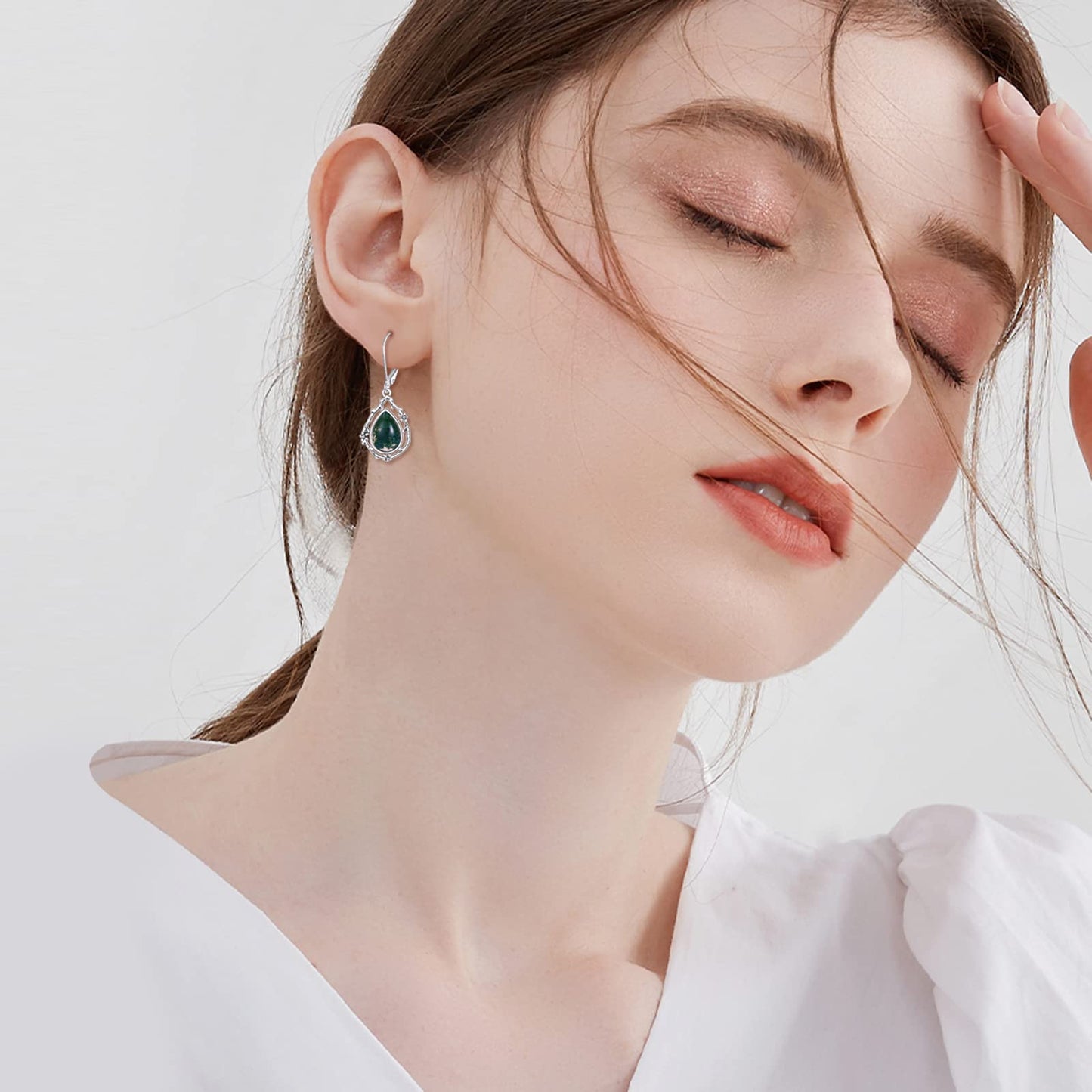 POPLYKE Moss Agate Green Gems Teardrop Drop Dangle Earrings Sterling Silver Leverback Earrings Jewelry