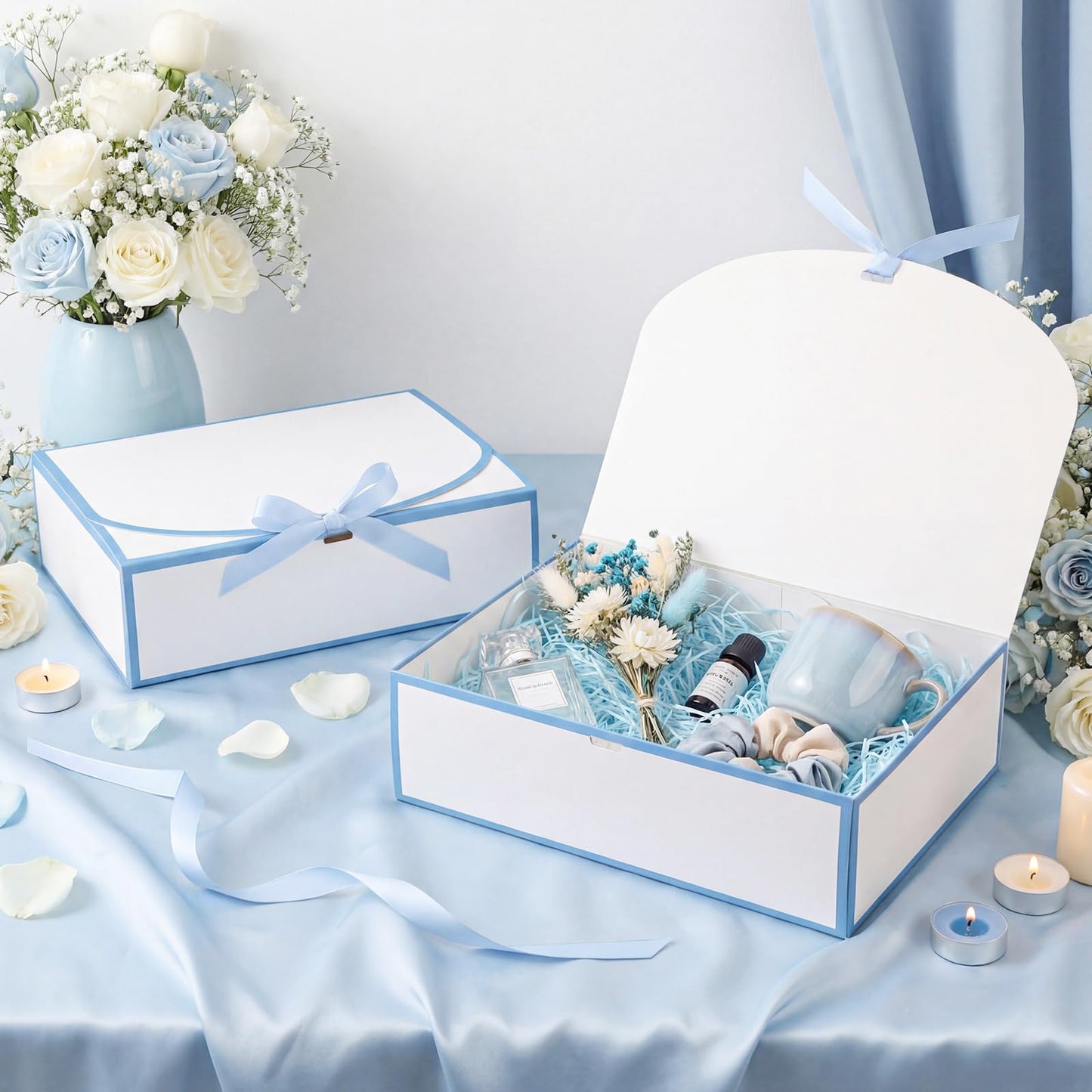 Silkfly 12 Pcs Bridesmaid Proposal Box with Ribbon, 10.6 x 8 x 3.15 Inch Gift Boxes with Lids Paper Gift Boxes for Wedding Baby Shower Birthday Party Present Packaging(White,Blue)