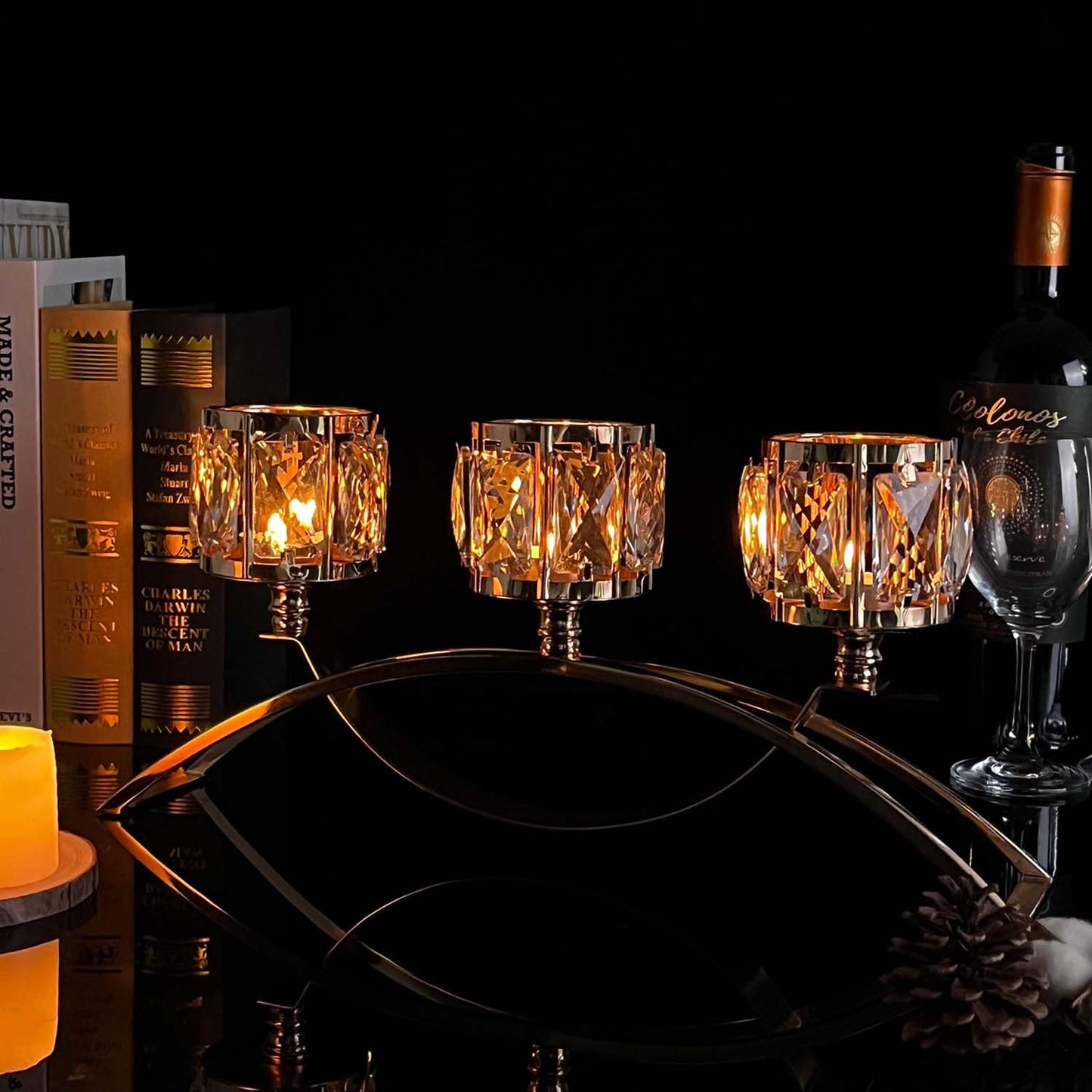 KEHAIL 3 Arms Crystal Candle Holders, Arch Candlestick Table Candelabras Centerpieces for Wedding, Dinning Room, Cabinet Ornaments, Home Decoration， Gift (3-arm Arched, Gold)