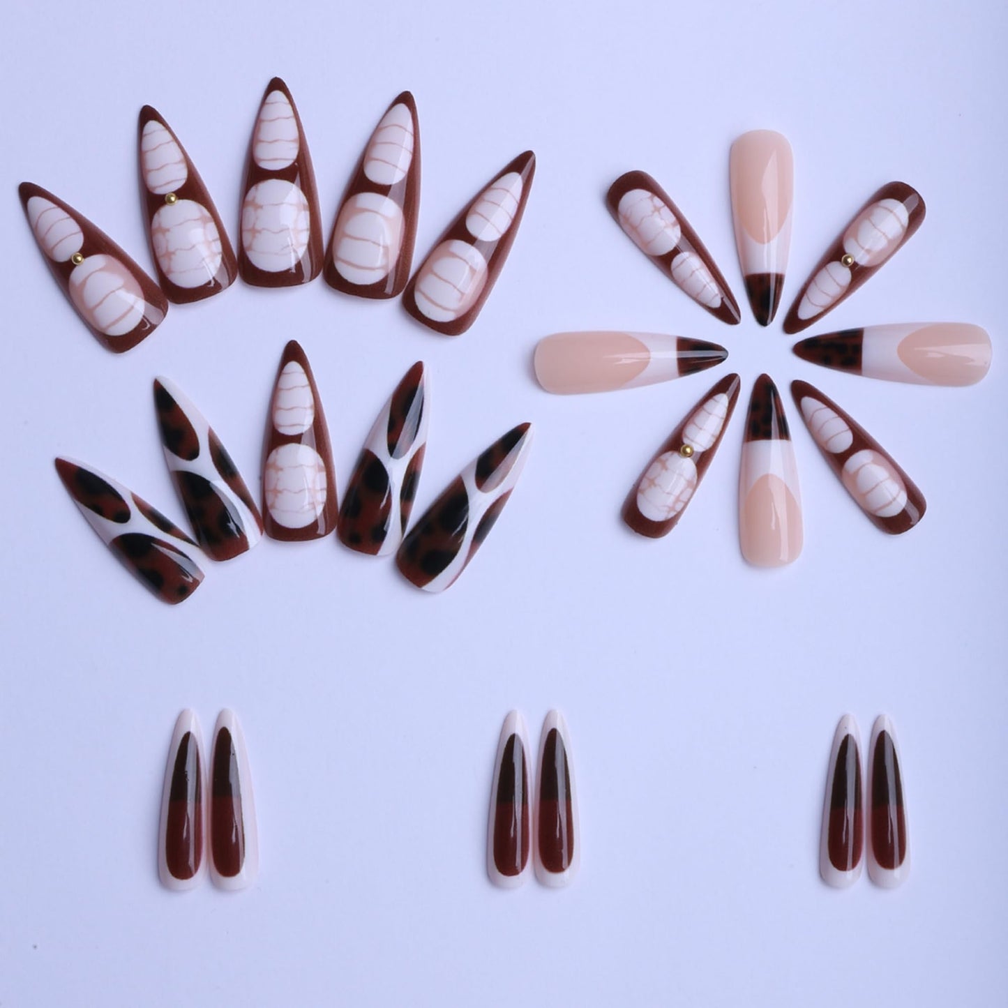 Octoswave Almond Press on Nails Long Fake Nails Brown and White Artificial Nail Leopard Stick on Nail for Women 24pcs