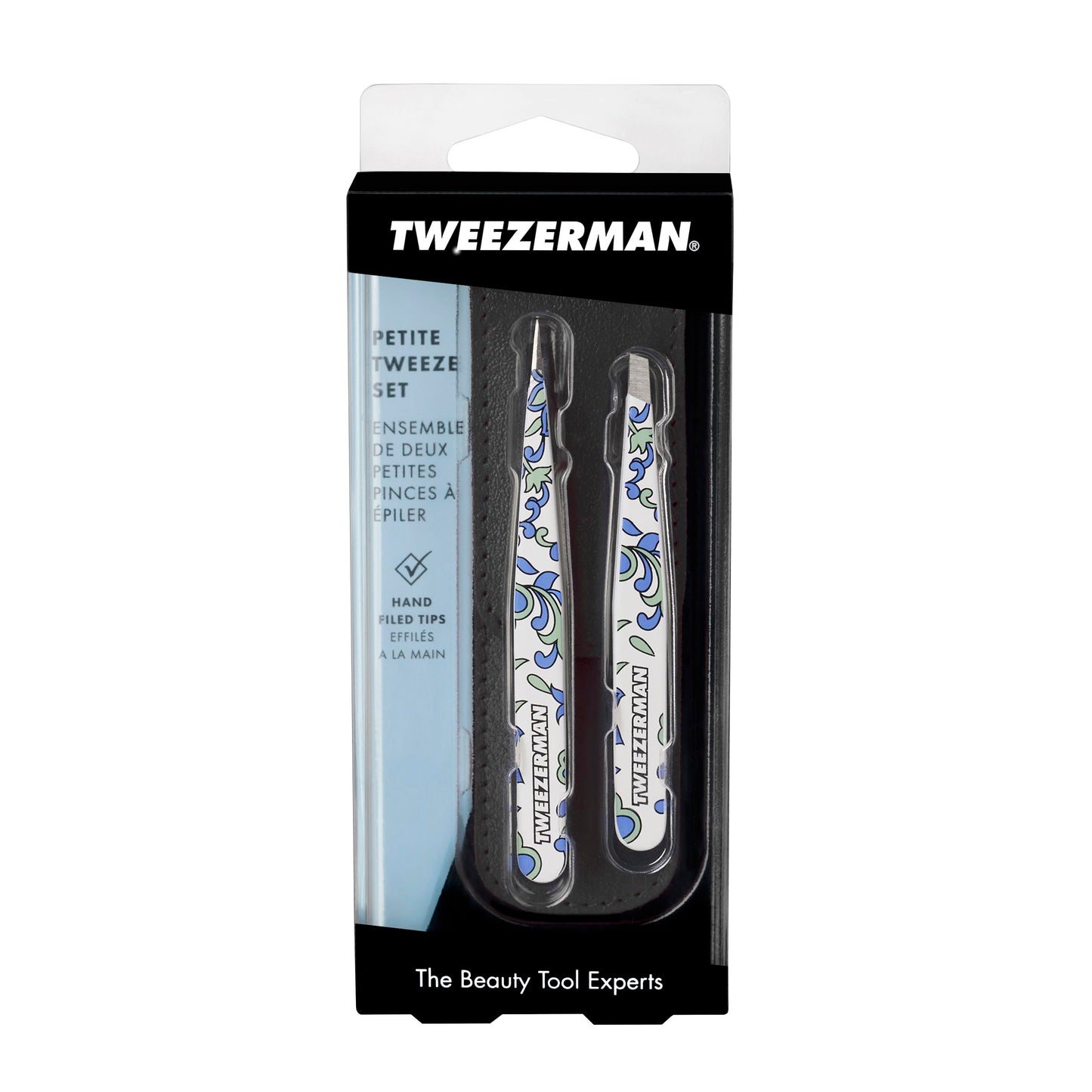 Tweezerman Paisley Petite Point and Slant Tweezer Set with Travel Case - Eyebrows for Women and Men