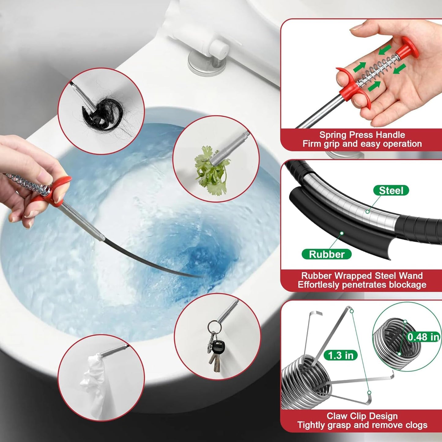 GDOMI 118" Flexible Grabber Claw Tool Reacher, Drain Snake Hair Drain Clog Remover Tool with 4 Claws Bendable Hose for Litter Pick, Home and Kitchen Sink, Drains, Toilet