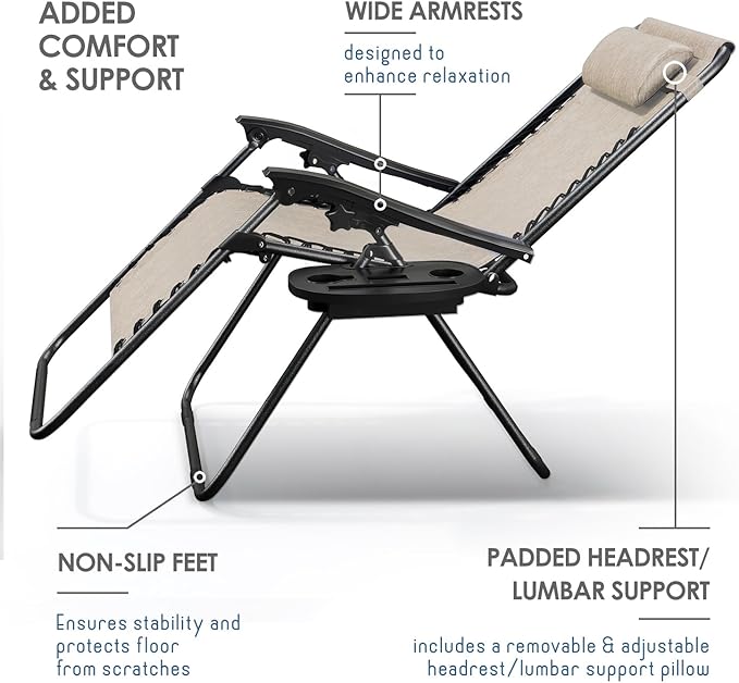 Nestl Zero Gravity Chairs, Portable Patio Lounge Chair Outdoor with Pillows & Cup Holder Trays, Adjustable Steel Mesh Reclining Camping Chair, Folding Patio Lawn Chair for Deck, Beach, Yard - Beige