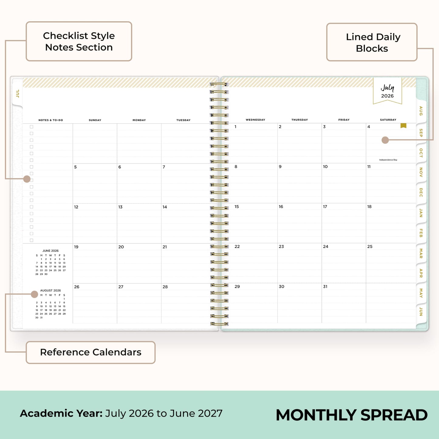 Blue Sky Day Designer 2026-2027 Weekly and Monthly Academic Year Planner Calendar, July 2026 - June 2027, 8.5" x 11", Flexible Cover, Laminated Tabs, Storage Pocket, Includes Stickers, Secret Garden Mint