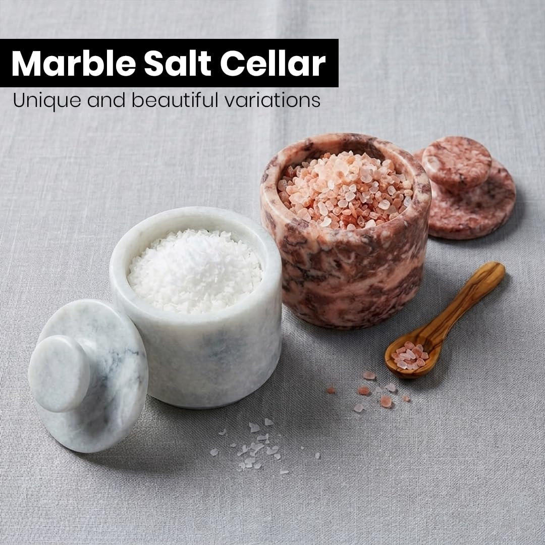OceanicX Marble Salt Cellar with Lid, 3.5 oz Capacity, Kitchen Counter Storage Container (White Strawberry Pink)