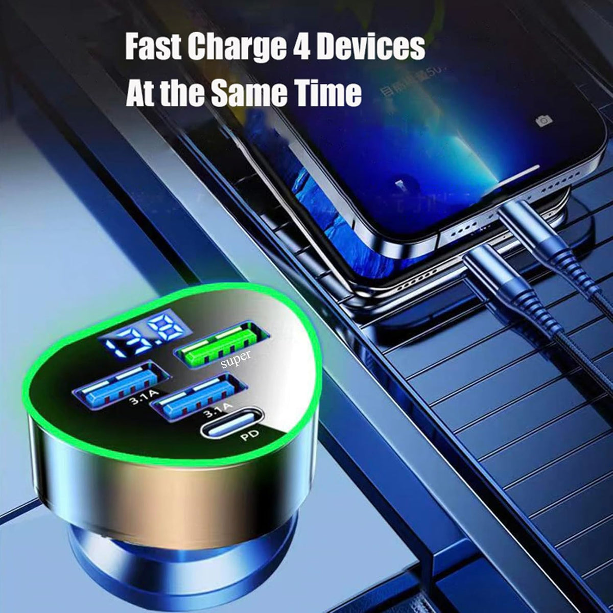 Multi Port USB C Car Phone Charger Adapter 4 in 1 with Voltage Display Super Fast Cigarette Lighter USB Charge with Volt Meter for iPhone 16/15/14/13/12 Galaxy Android Phones