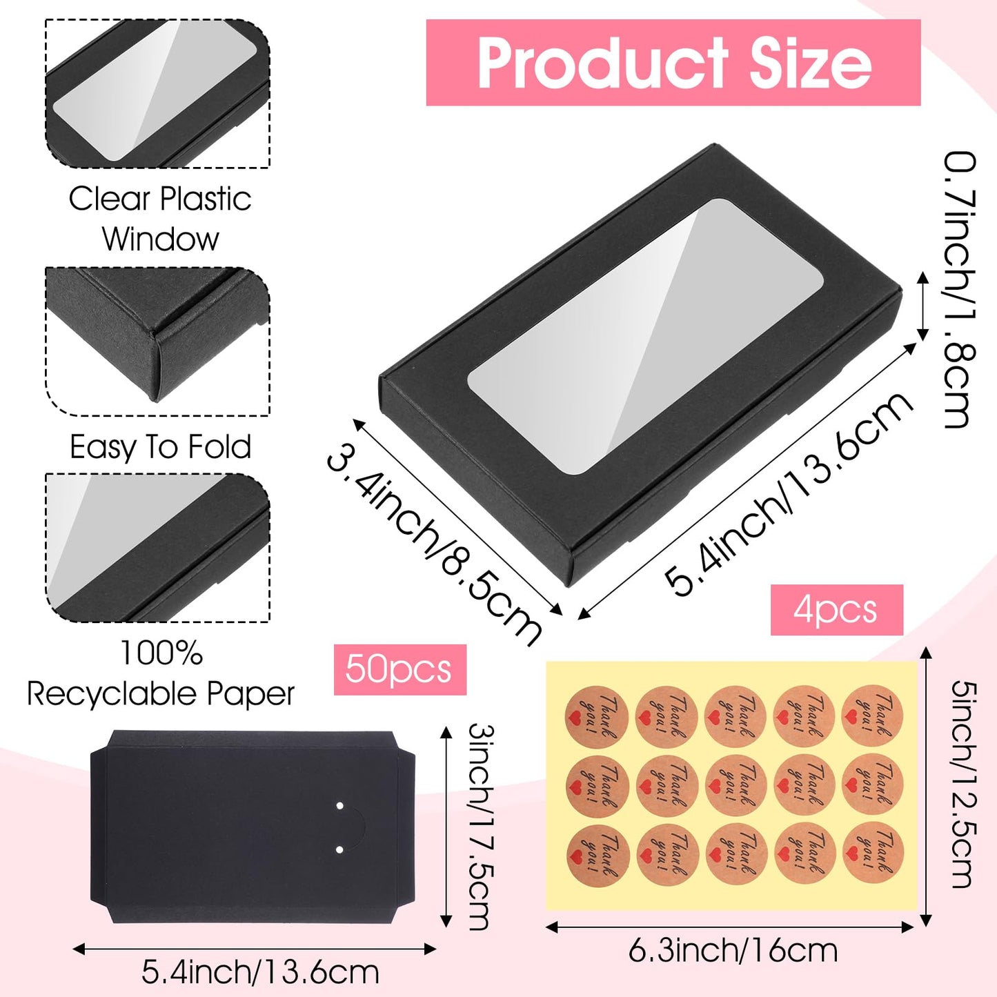 Tobeelec 50 Pcs Jewelry Packaging Boxes with Stickers - 5.4"x3.4"x0.7", Paper Necklace Gift Box Bulk with Clear Window Display Card Sticker for Displaying Necklaces Rings Bracelets Earrings (Black)