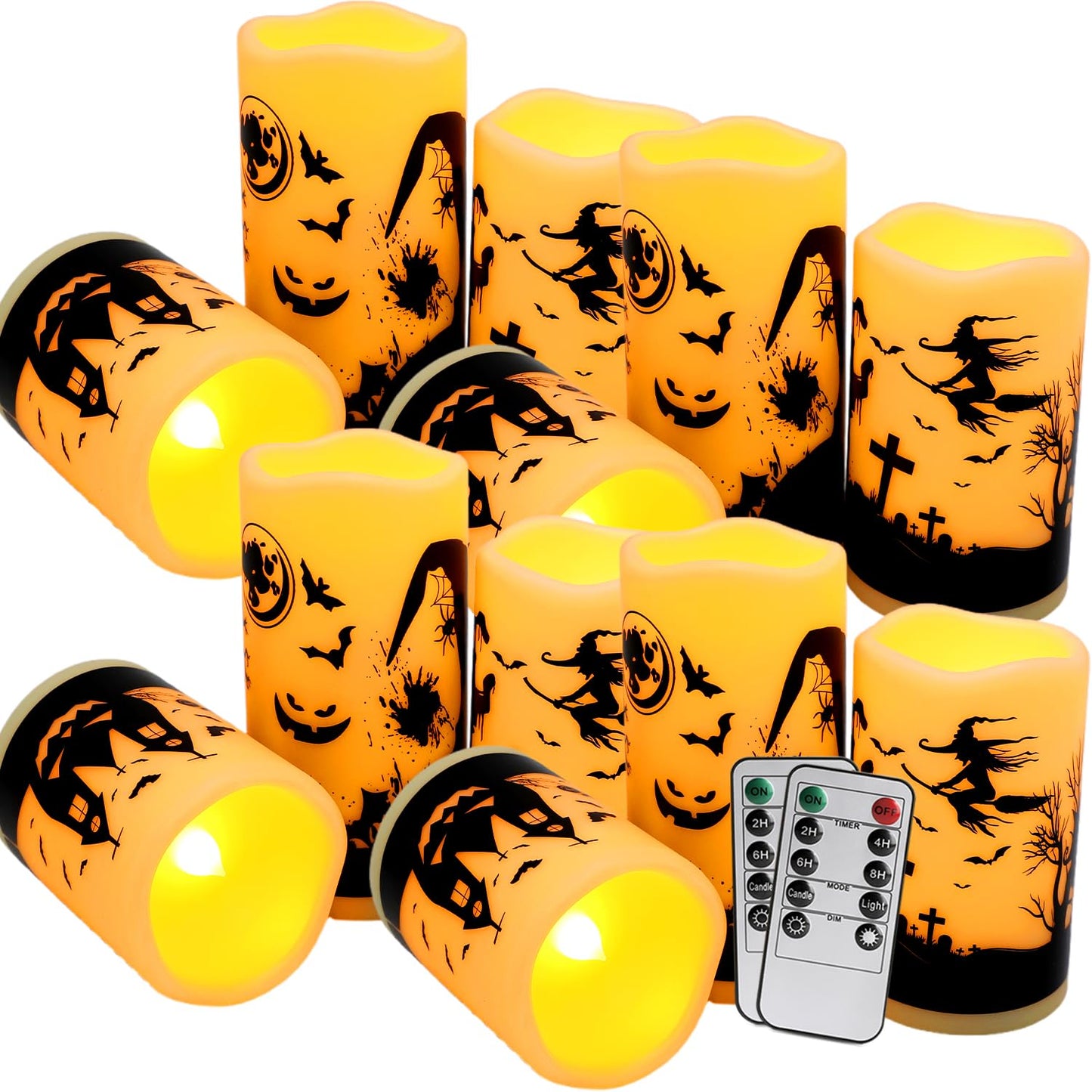 CLTNIKET 12-Pack Halloween Ink Painting Large Electronic Waxes with Remote Control, Flameless LED Candles for Halloween Spooky, Halloween Ambient Sense Artifacts.