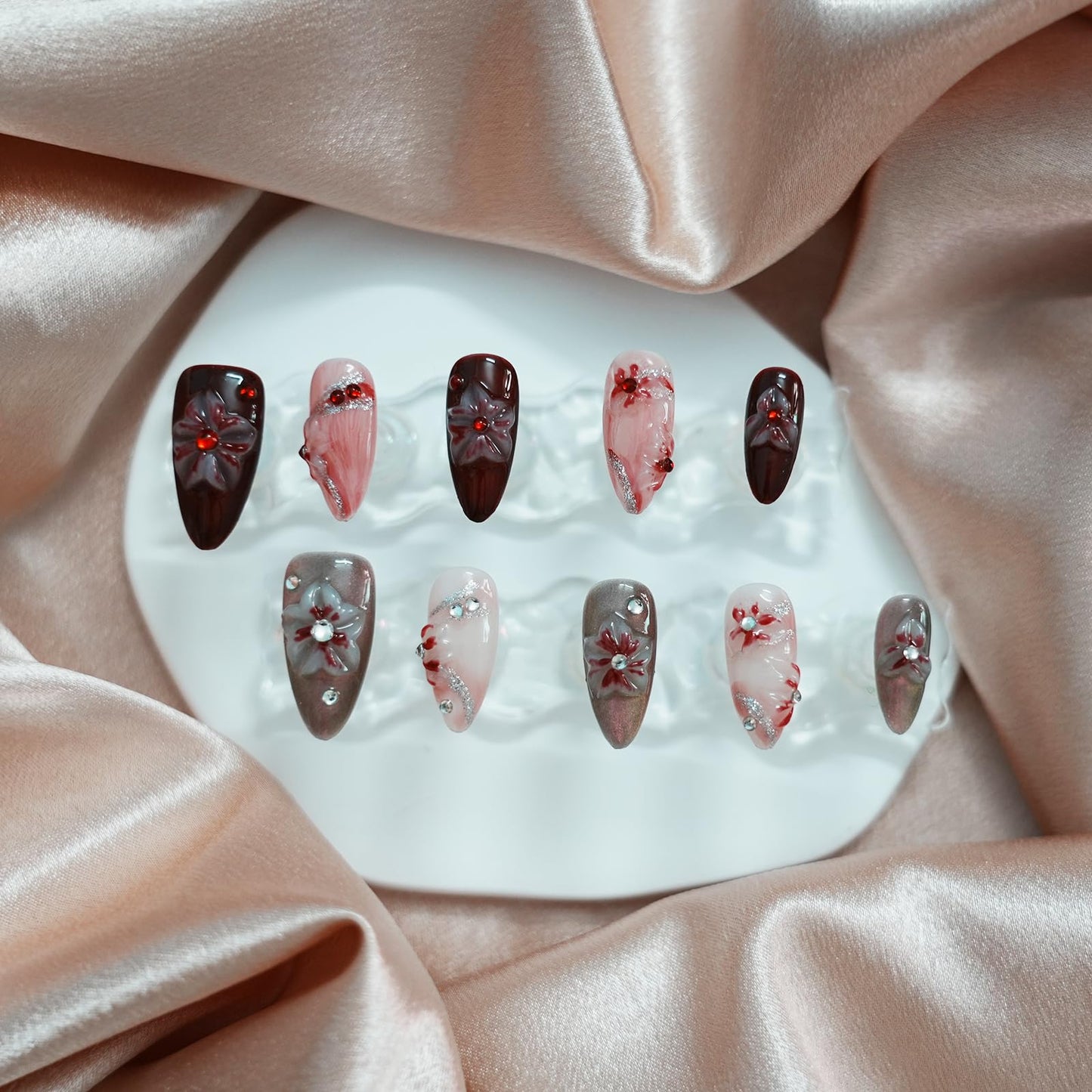 Tesytto Medium Almond Press on Nails – 3D Rhinestones & Red Ombre, Handmade Floral Thick Acrylic Gel Nails (Evil Flower, L)