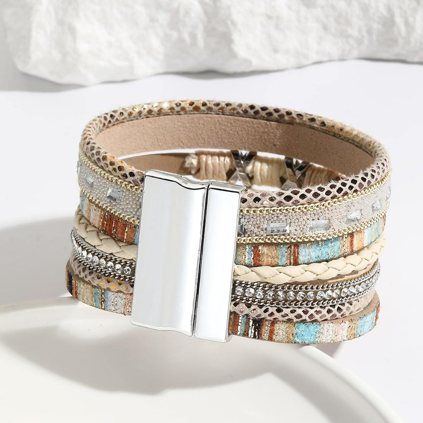 Leopard Bracelet for Women, Boho Leather Wrap Multi-Layer Pearl Crystal Bracelet Bangle Jewelry (Boho(Khaki))