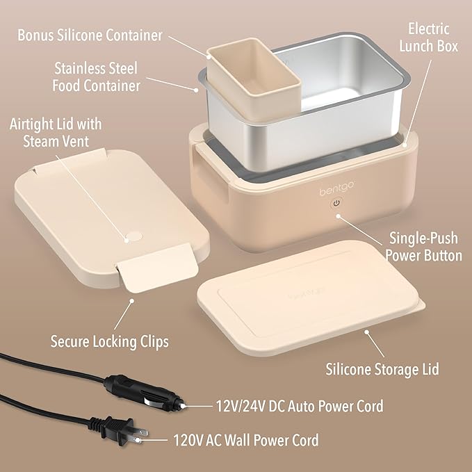 Bentgo Heat - Electric Lunch Box - Portable Food Warmer for Adults, Heated Lunch Box for Work, Travel, School & On the Go, Plug Into Wall or Car, Ideal for Ages 14+, 12V/24V & 120V Cords (Latte)