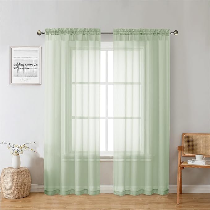 Lecloud Light Green Sheer Curtains 72 Inches Long 2 Panels, Soft Voile Light Filtering Curtains for Living Room, Rod Pocket Lightweight Drapes for Bedroom Dinning Room, Each Panel 42 X 72 Inch