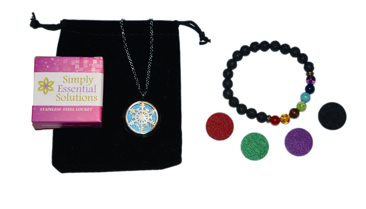 Aromatherapy Essential Oil Diffuser Stainless Steel 30MM Silver Magnetic Locket Pendant with Chain Necklace and Colored Refill Pads & Diffuser Bracelet All in a Velvet Bag (Snowflake3)