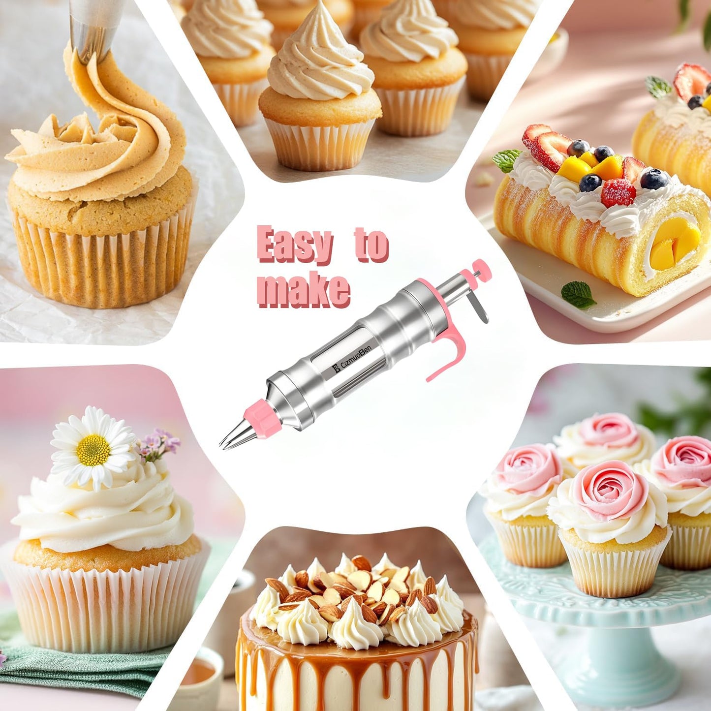 Dessert Decorating Syringe Set, Frosting Piping Kit icing piping kit 54 food-grade stainless steel piping nozzles for Baking, Decorating Cupcake, Deviled Eggs, Black (pink)
