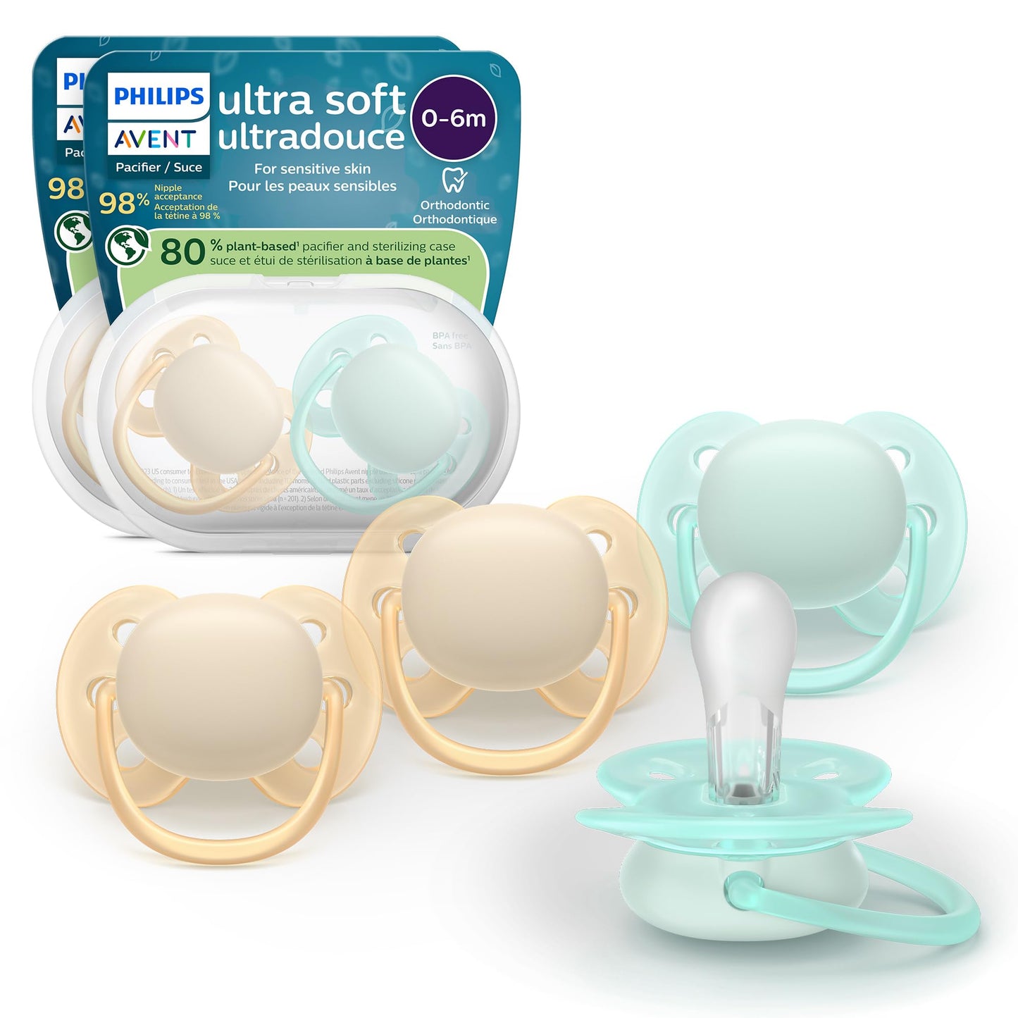 Philips Avent Ultra Soft Pacifiers - Orthodontic Design, for Babies 0-6 Months, Flexible Shield, Silicone Symmetrical Nipple, BPA-Free, 2 Sterilizing Cases, 4 Pack, SCF091/48