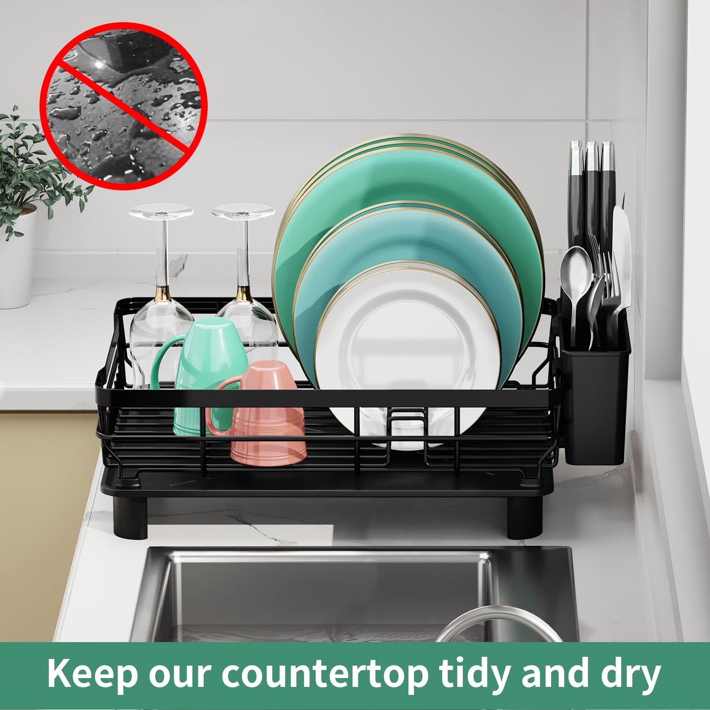 MOUKABAL Dish Drying Rack, Dish Rack, Stainless Steel Dish Racks for Kitchen Counter, Dish Drainer with Removable Utensil Holder, Drainboard (Black,13''W x 17''L)