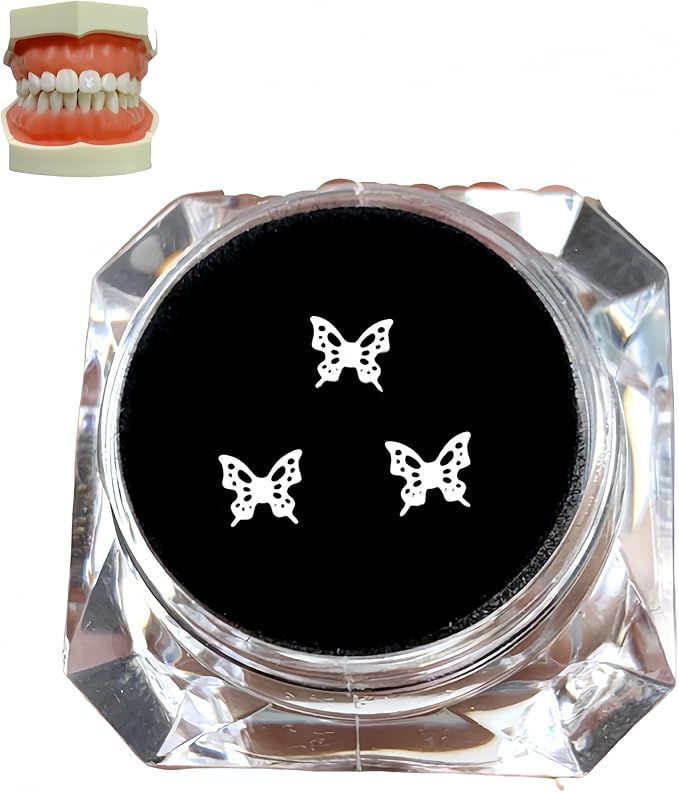 Tooth Gems Silver Alloy Ultra-Thin 3-Pack Reusable Trendy Spider Butterfly Rabbit Multi-Use Women Party Nail Art (Silver,Butterfly A)