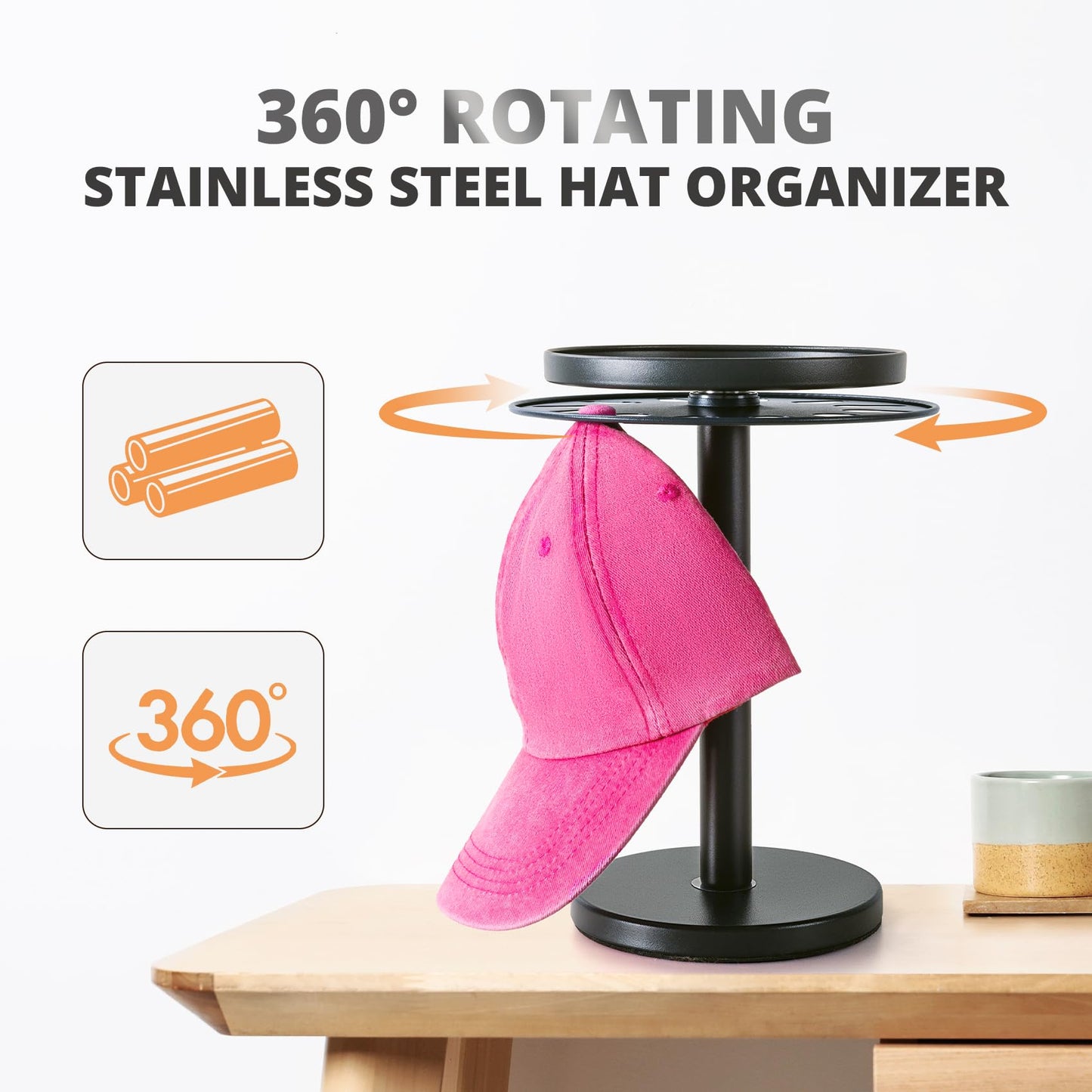 kondyfayo 360° Rotating Hat Organizer for Baseball Caps, Stainless Steel Hat Rack Holder with Top Storage Tray for Small Essentials, Ball Cap Storage Organizer for Closet, Entryway, Display (M-Black)