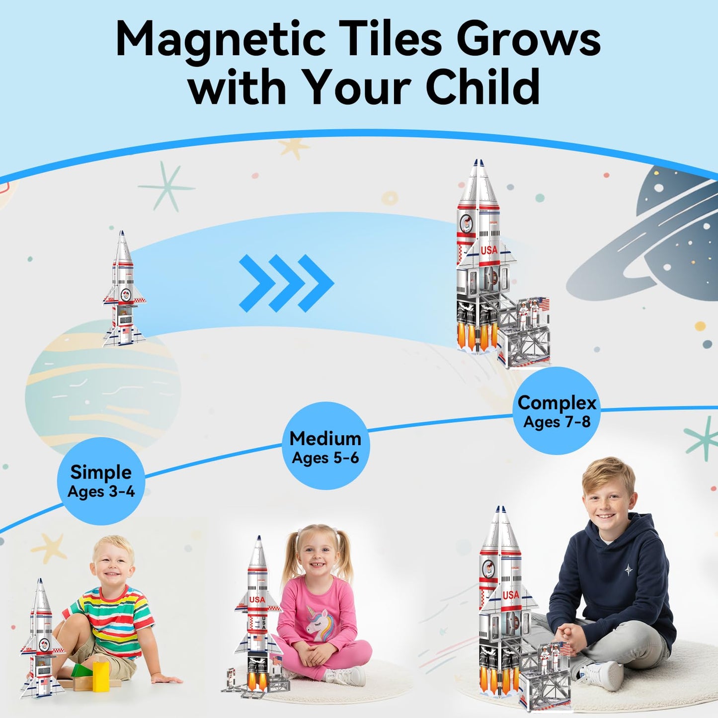 AFUNX Magnetic Tiles Space Rocket Set,46 PCS Magnetic Building Blocks for Kids 3+, STEM Learning Toys, Safe & Durable Creative Construction Play, Gift for Boys & Girls