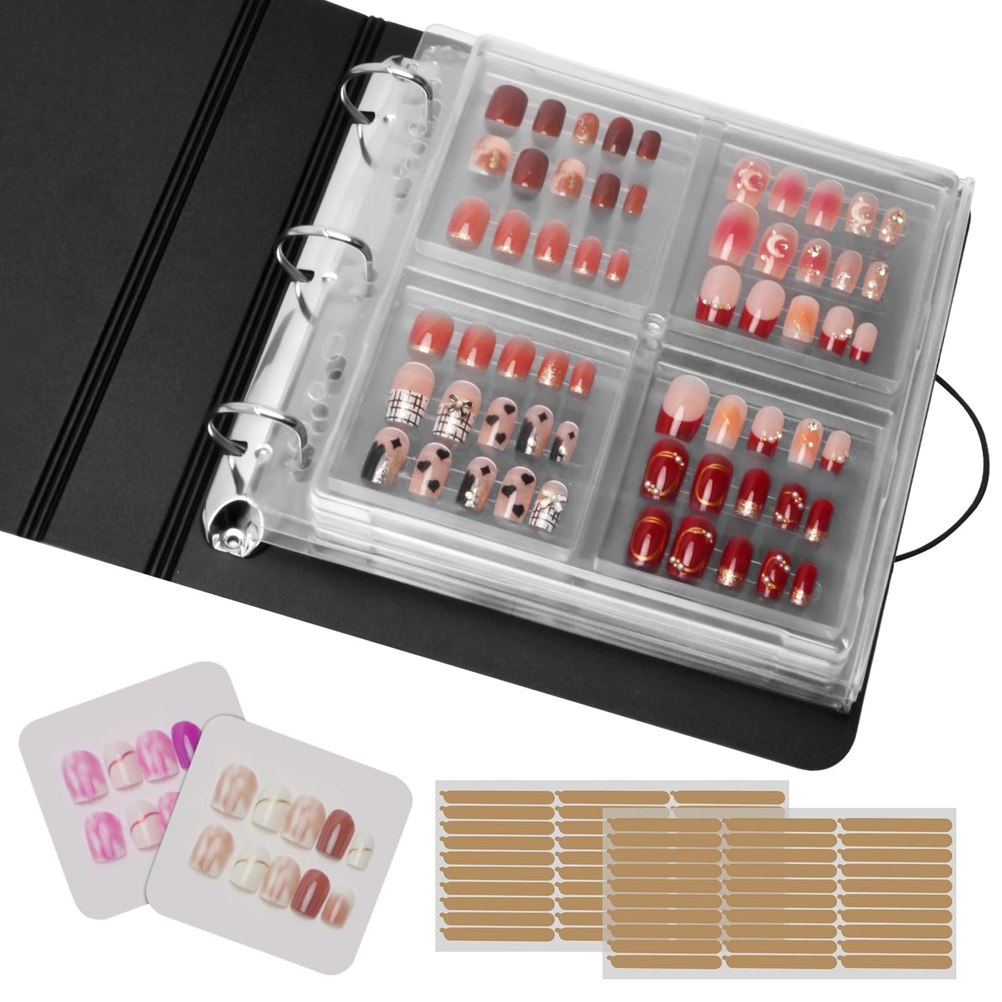 CGBE Press On Nail Organizer: Upgraded Dust & Crush-Resistant Protection, Removable D-Ring Binder Pages, Press On Nail Storage with Nail Tape