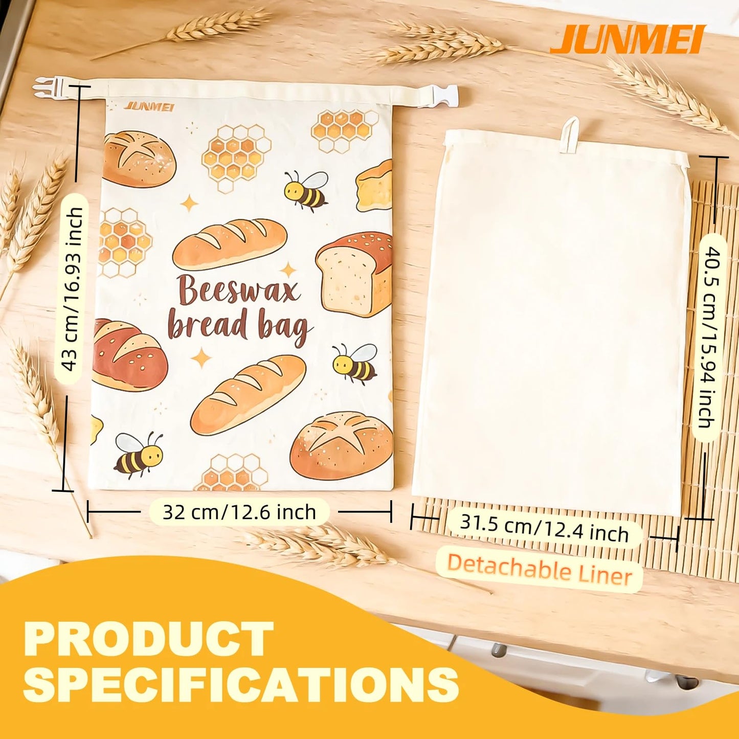 JUNMEI 2 Pack Natural Beeswax Food Wraps, Reusable Organic Cotton Bread Bags with Honeycomb Texture, Plastic Free Storage for Sourdough, Freezer Safe, 12.6x17 Inches