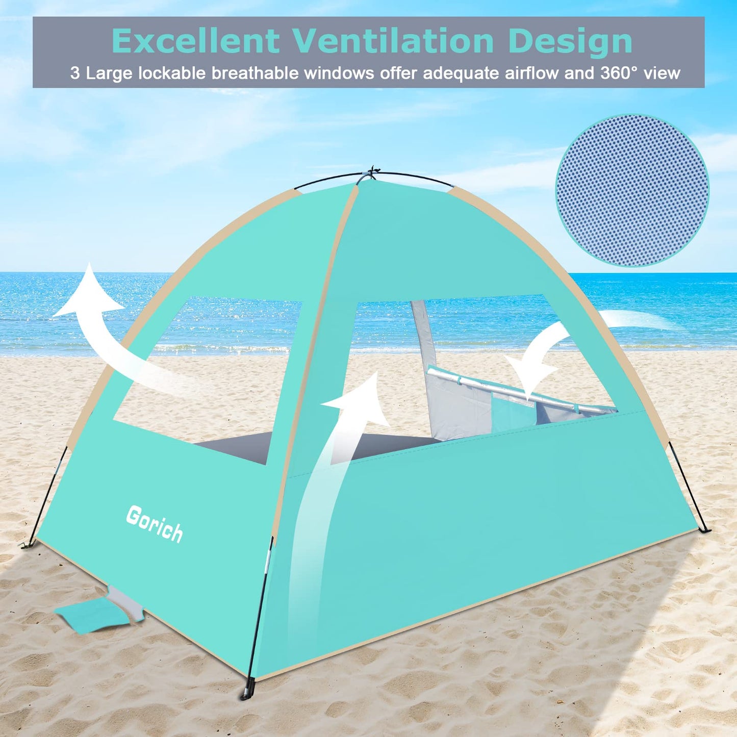 Gorich Beach Tent Sun Shelter for 3/4/6/8/10 Person with UPF 50＋ UV Protection, Lightweight & Easy Setup Beach Shade Canopy, Portable Beach Shade Tent Beach Cabana