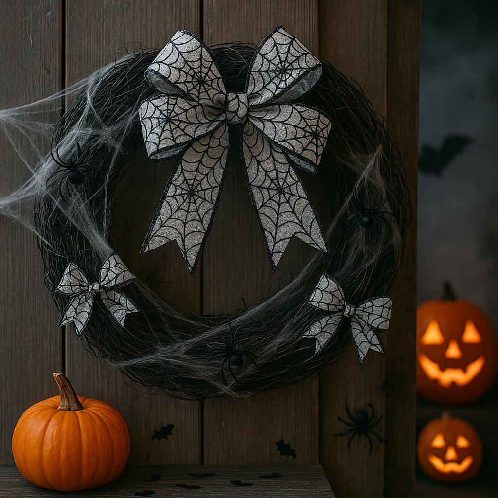Designer’s Shop Halloween Wired Edge Ribbon 2.5” x 10 Yard for DIY Crafting, Home Décor (Spider Web- Black-White) WR 63-5113 Black Spider Web on White Satin Ribbon