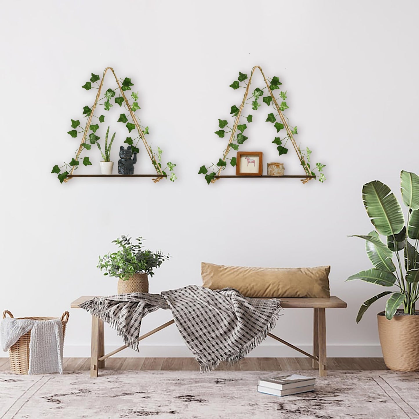 Artilady 2 Pack Artificial Ivy Wall Hanging Shelves Boho Floating Shelves Wall Decor, Adjustable Rustic Wood Shelf with LED Light Storage Rack Macrame Plant Shleves Holder for Bedroom
