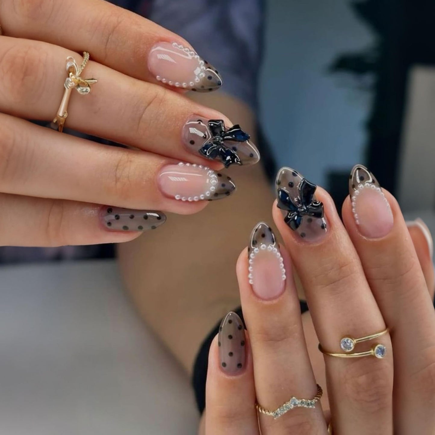 octoswave Press on Nails Medium Almond Fake Nails Cute French Artificial Nail with Bow and Pearl Charm Stick on Nail for Women 24pcs