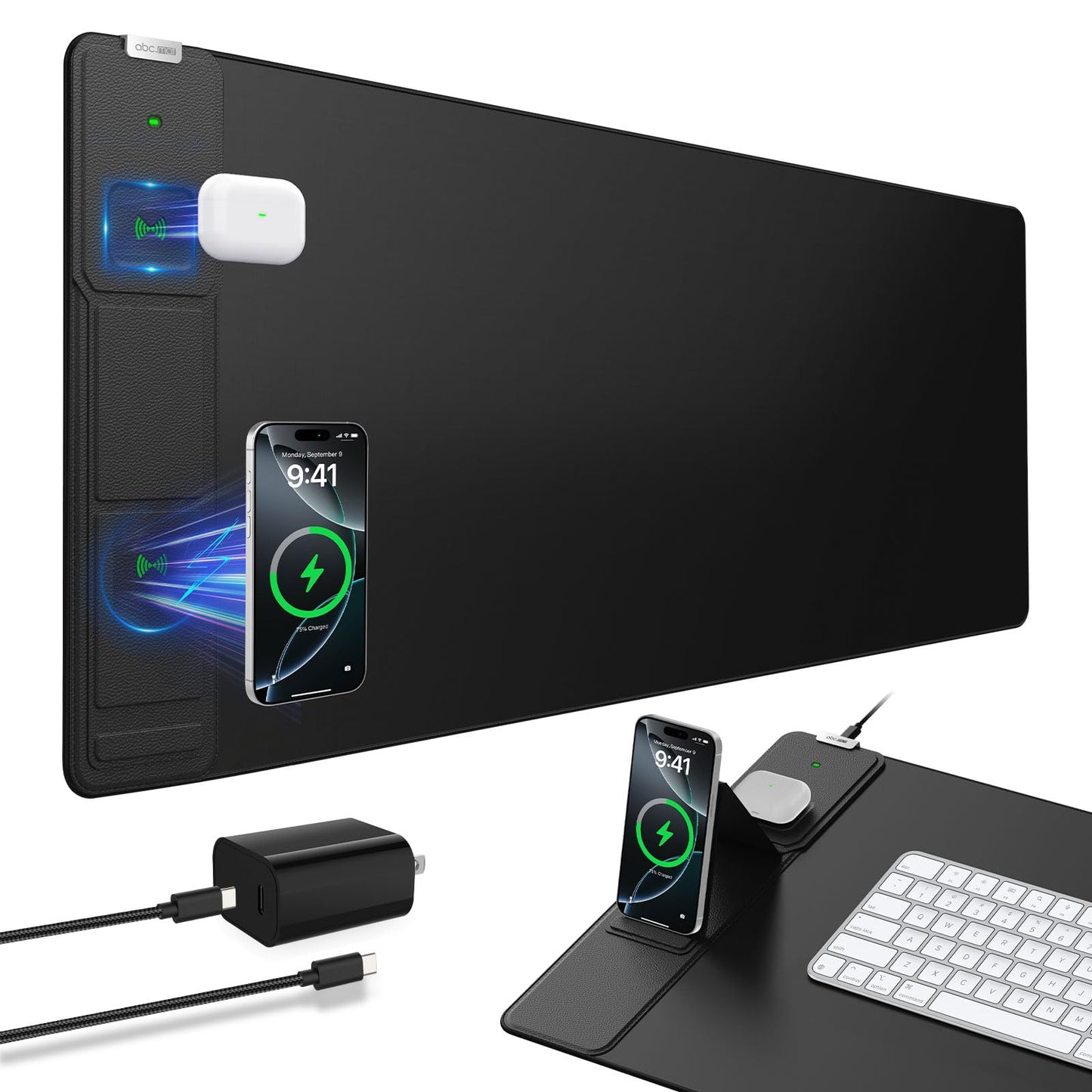 Wireless Charging Mouse Pad with Foldable Phone Holder, 31.5"x15.8" Extended Desk Mat for Laptop/Keyboard, Waterproof Ultra-Smooth Surface, Non-Slip Base & 20W PD Adapter, Black