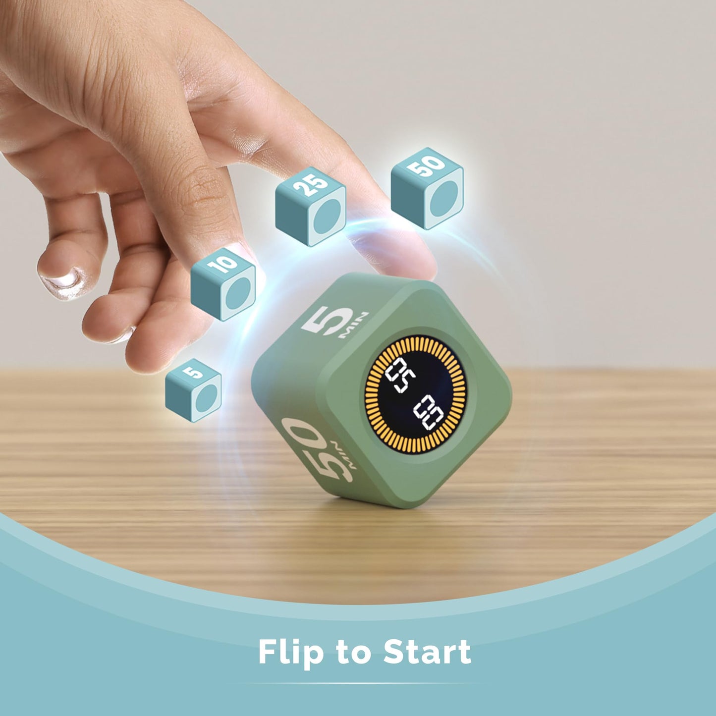 KADAMS Pomodoro Cube Timer Productivity Visual Timer - 5/10/25/50 Min Rotating Countdown (1, Green)