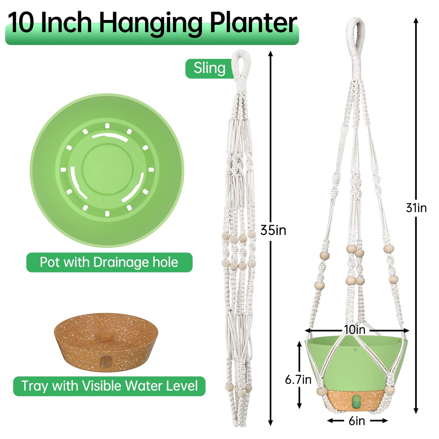 ZMTECH 2 Pack 10 Inch Hanging Planters with Macrame Plant Hanger for Indoor and Outdoor Plants, Self Watering, Drainage Hole, Visible Level Tray, Green