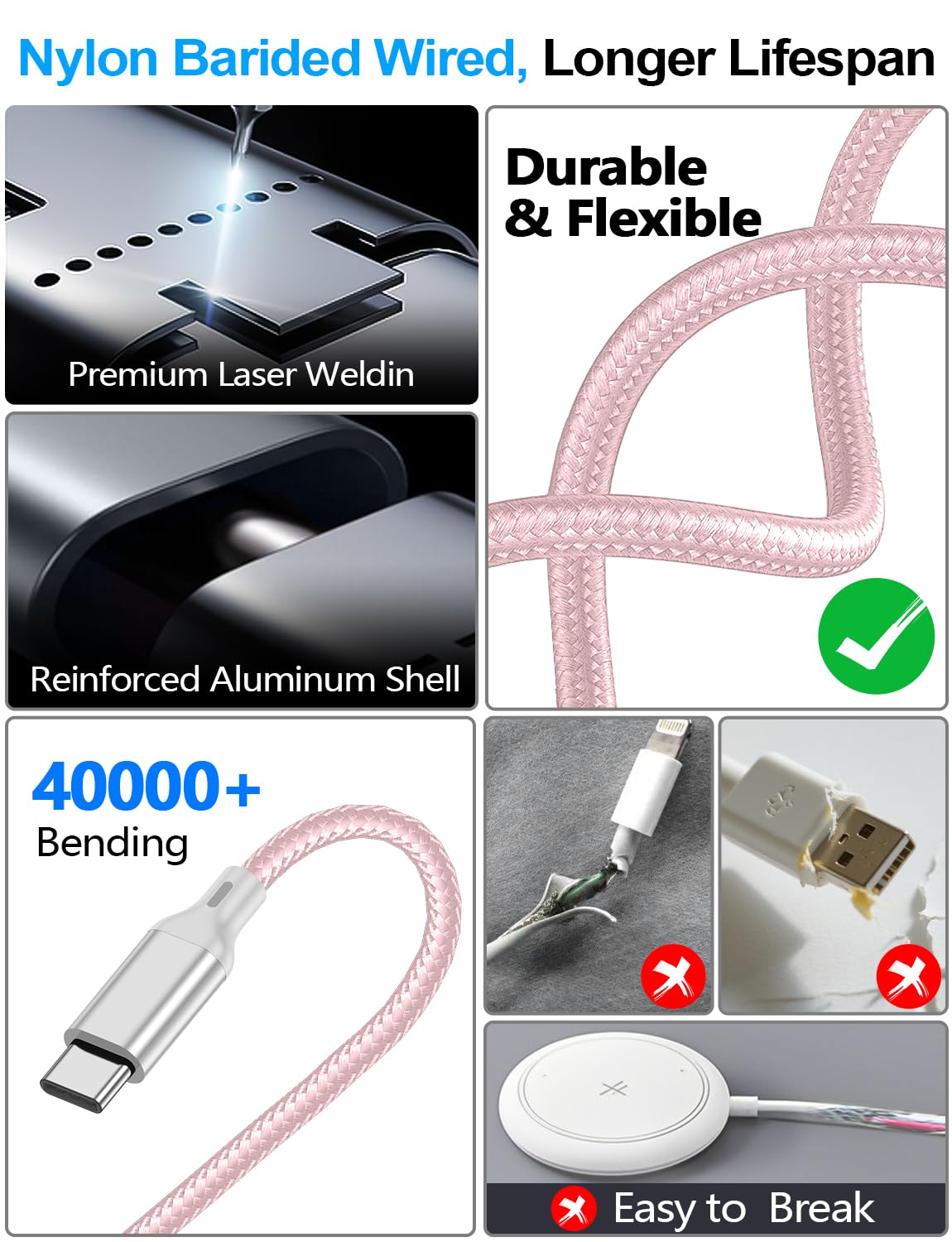 4-in-2 Charging Cable for Apple Watch Charger/Samsung/iPhone Charger,Car/Office/Camping/Travel Essentials,Type C Cable Multi Cord for iWatch Ultra/10-2/iPhone 16-11/Samsung S25-S20,iPad,airPods-Pink