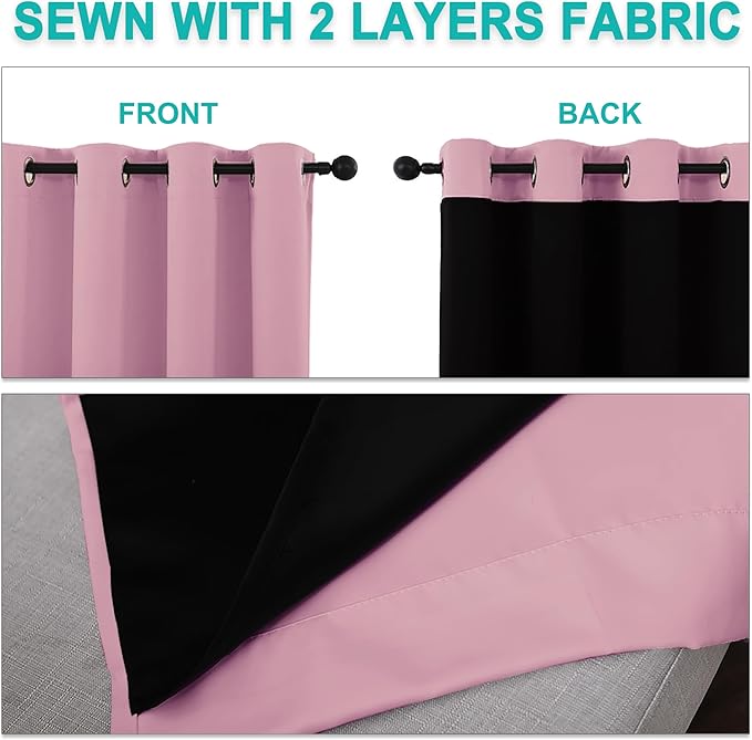 NICETOWN 100% Blackout Blinds, Set of 2, 52 inches x 102 inches, Laundry Room Decor Window Treatment Curtains for Large Patio Sliding Door, Thermal Insulated Crystal Pink Curtains for Bedroom