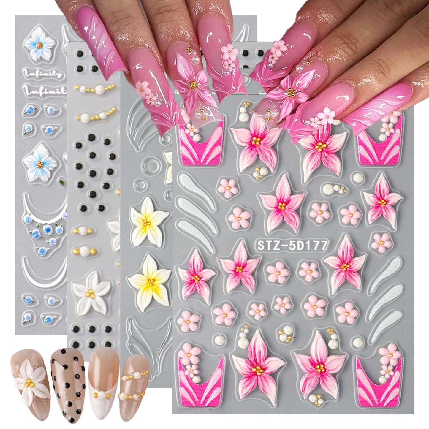 4Psc Summer Flower Nail Art Stickers 5D Embossed Self-Adhesive Hawaiian Floral Nail Stickers Hibiscus Flowers Nail Decals French Design Nail Decoration Supplies for Women DIY Manicure
