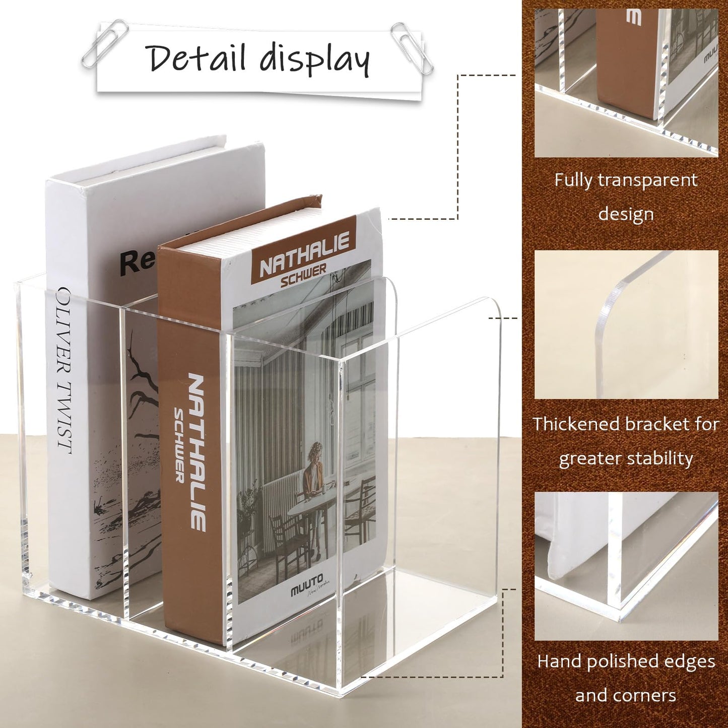 Oqqlin Acrylic Desk Organizer, Thickened Clear Magazine Holder with 3 Vertical Compartment Acrylic File Sorter Organizer for Office, Home, Classroom