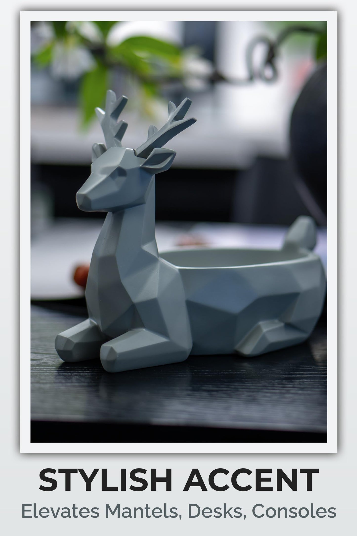 Fuzrea Low-Poly Deer Statue, Gray Resin Deer Candy Bowl & Key Holder, Reindeer Candy Dish Home Decor for Living Room, Office, Dining Table, Shelves, Entryway