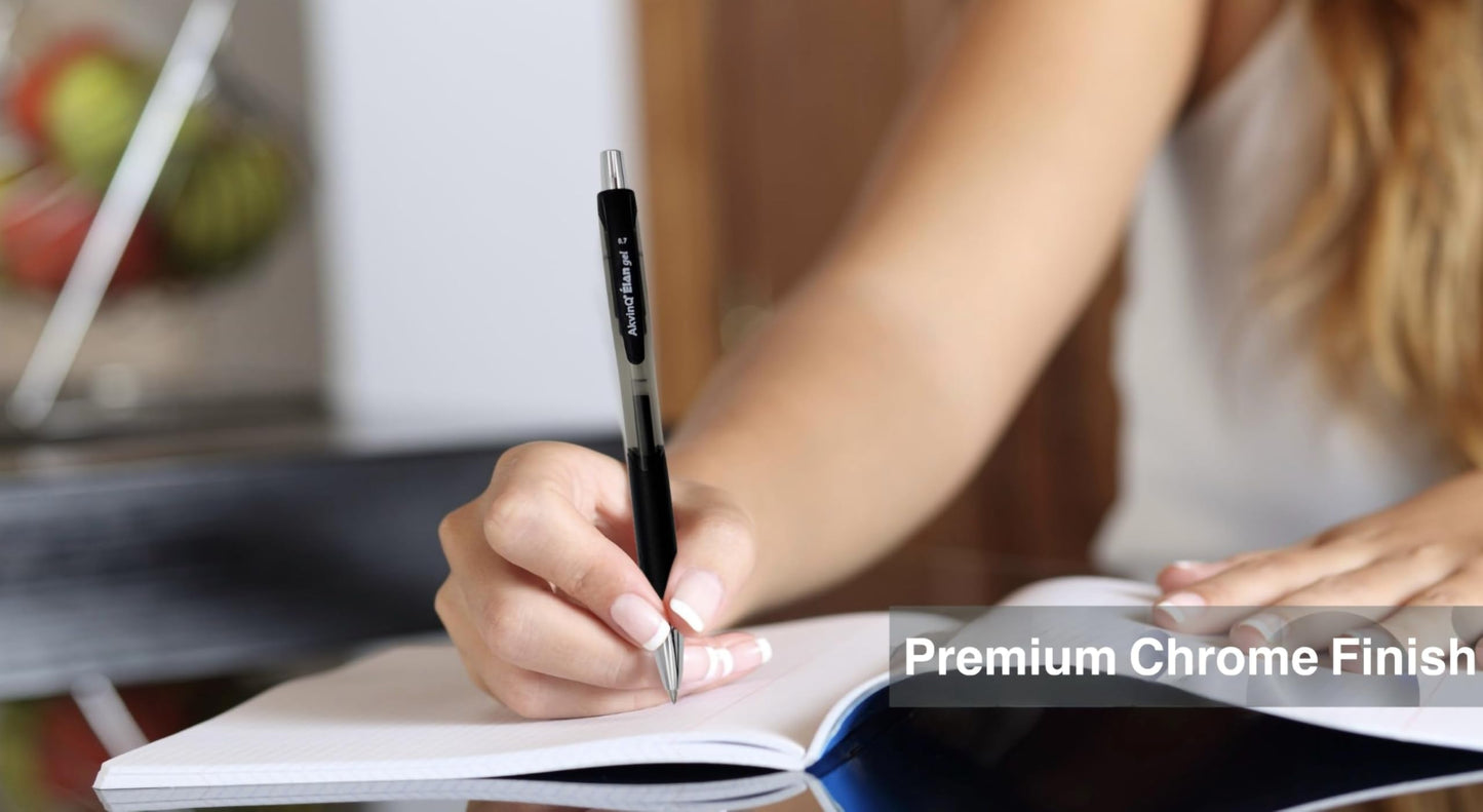 AKVINQ® Élan Gel Pens 12-Pack, 0.7mm Medium Point, Retractable Gel Ink Pen – Premium Chrome Finish, Black Ink, Smudge-Resistant, Unique Comfort Grip, Office & School Writing
