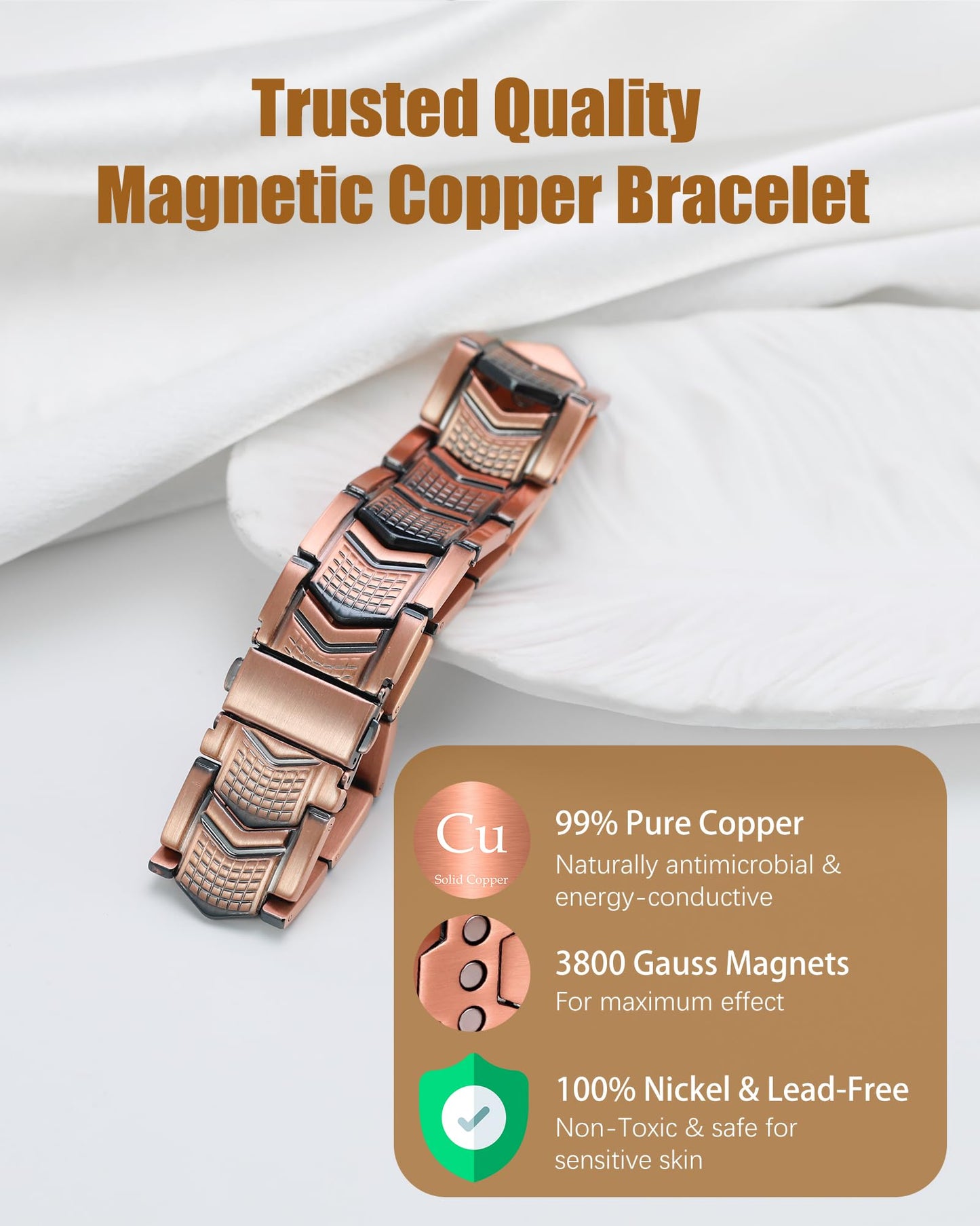 Jeracol 3X Strength Magnetic Copper Bracelet & Ring for Men - 99.9% Pure Copper Bracelet - Premium Fold-Over Clasp and Adjustable Length Sizing Tool & Jewelry Box